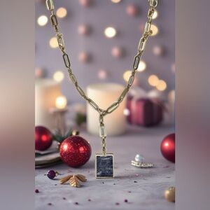 0164 White House Black Market Gold Tone  Necklace with Blue Pendant